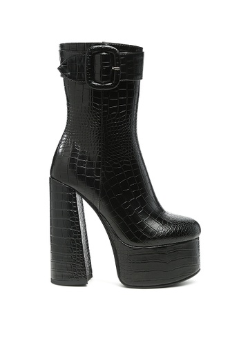 London Rag black Croc High Block Heeled Chunky Ankle Boots in Black 2AD92SHB2C6EC4GS_1