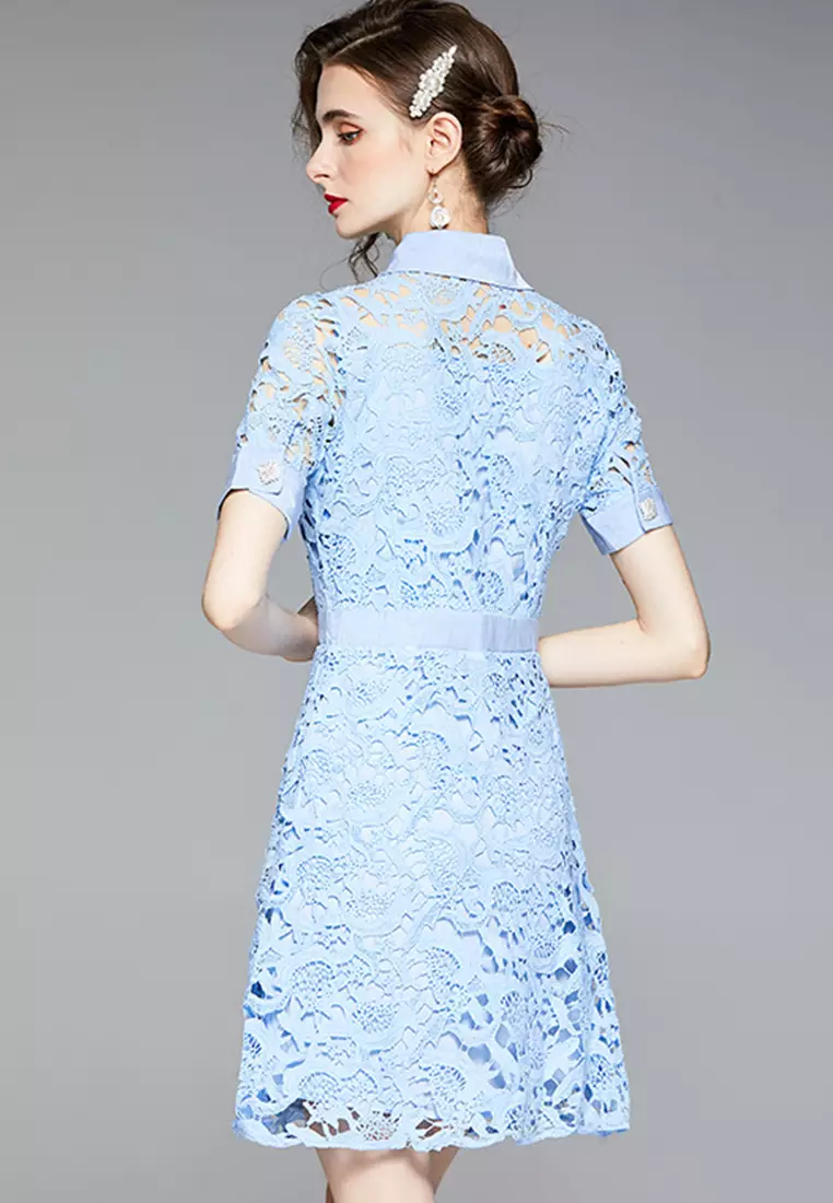 鉤花鏤空水溶蕾絲連身裙 A21032911