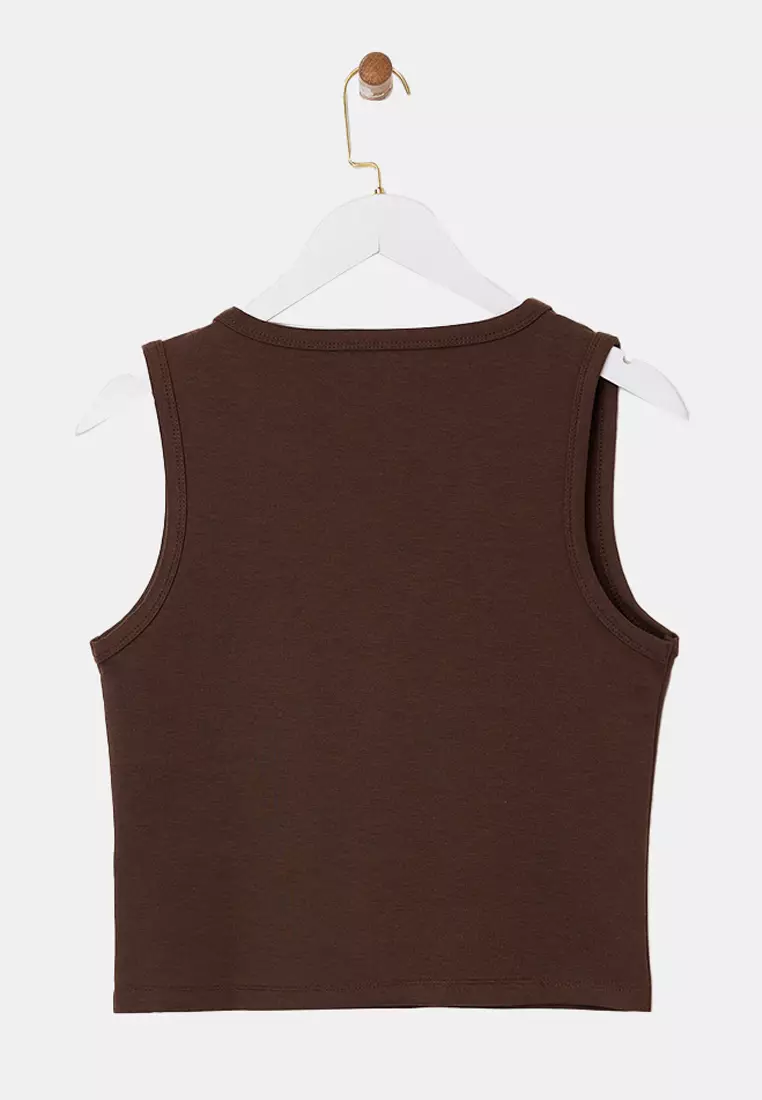 V-Neck Buttoned Sleeveless Interlock Knitted Top