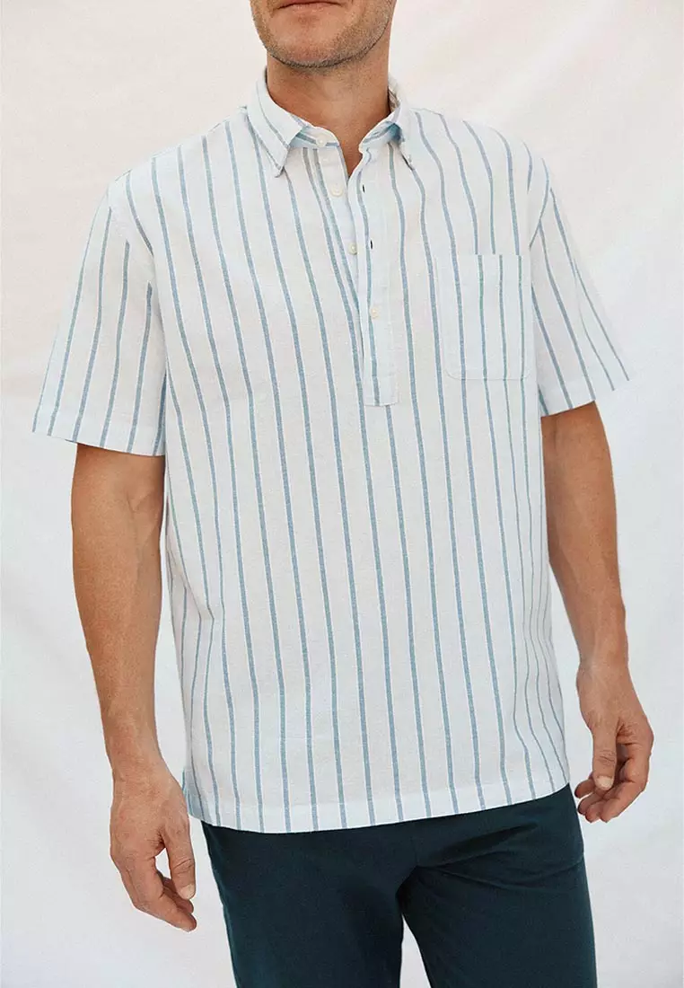 Striped Cotton Linen Short Sleeve Shirt