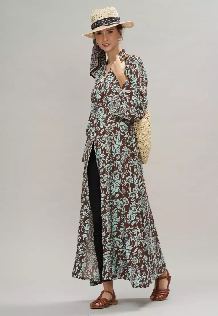 Teal Brown Floral Modern Abaya with Free Flower Brooch