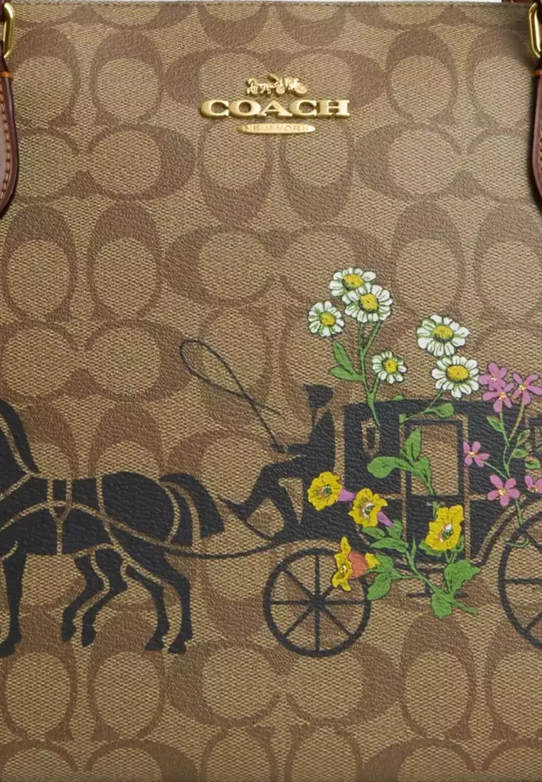 Coach Gallery Tote Bag In Signature Canvas With Floral Horse And Carriage Khaki Multi