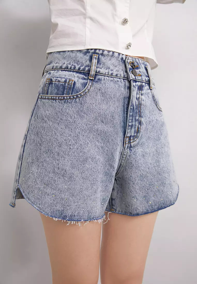 Light Wash Ripped Cuff Denim Shorts