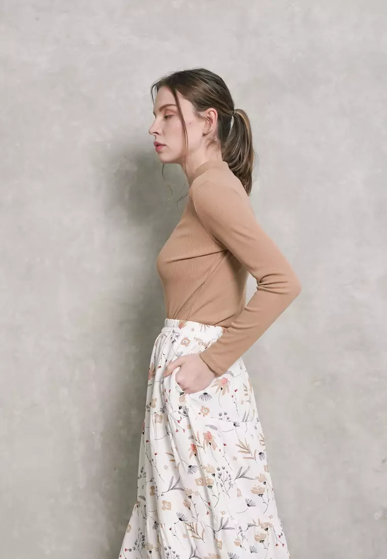 KHAKI RIB HIGH NECK T-SHIRT