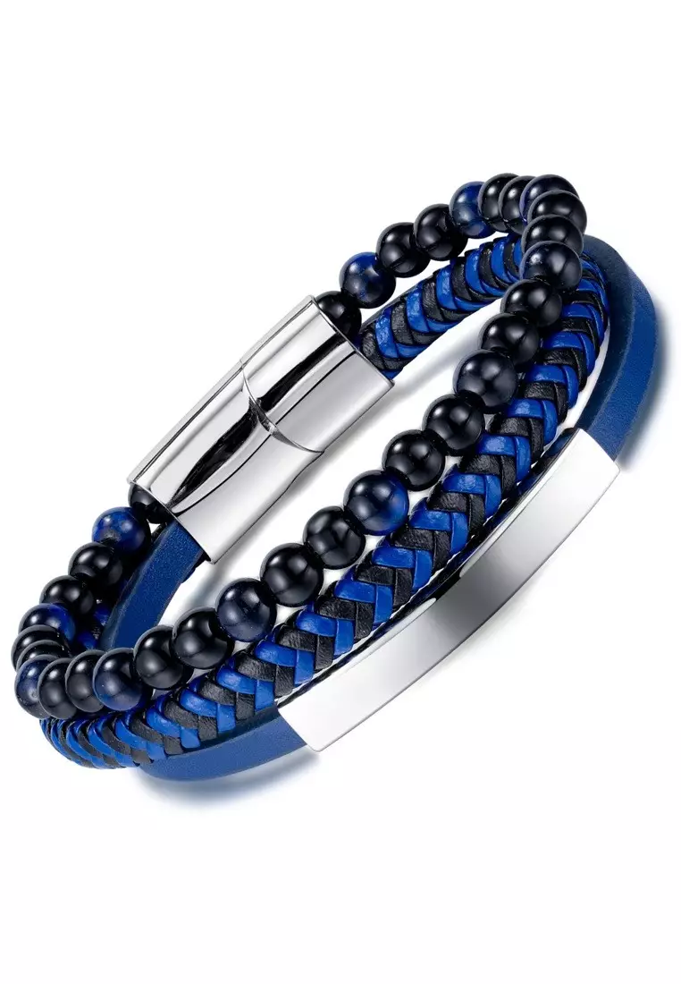 Men's Blue Leather and Bead Bracelet
