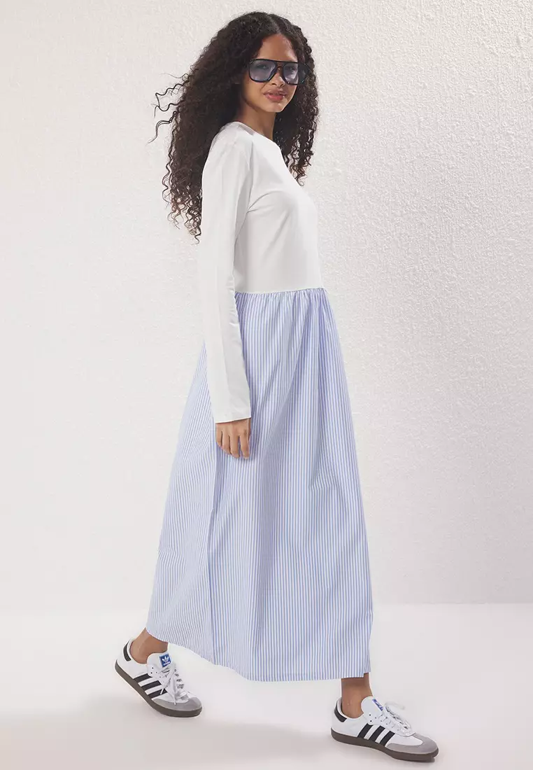 Blue Striped Woven Fabric Skirted Jersey Knit Dress Tctss25Eb00146