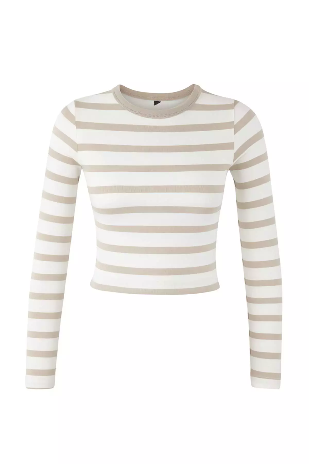 Stone-Ecru Striped Premium Viscose Soft Fabric Fitted Crop Flexible Knit Blouse