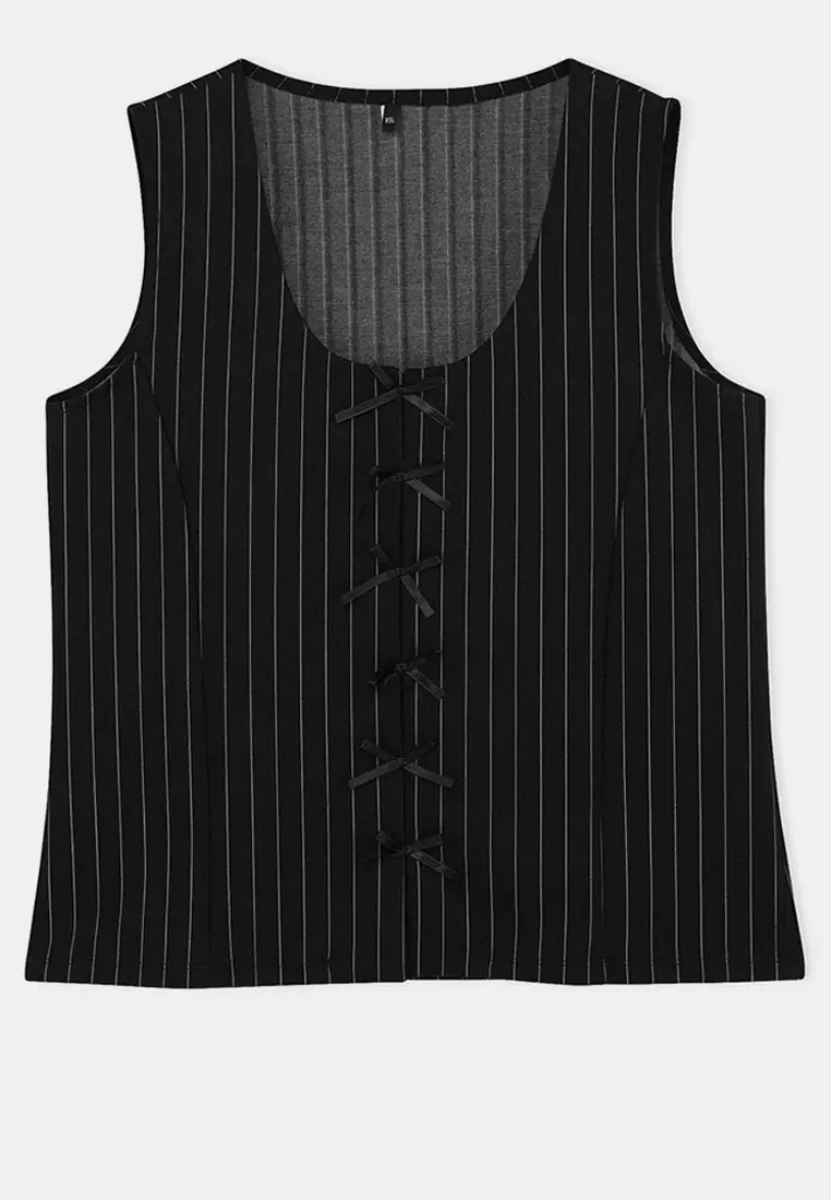 Black Striped Interlock Bow Detailed Knitted Plus Size Blouse Tbbss26Af00098