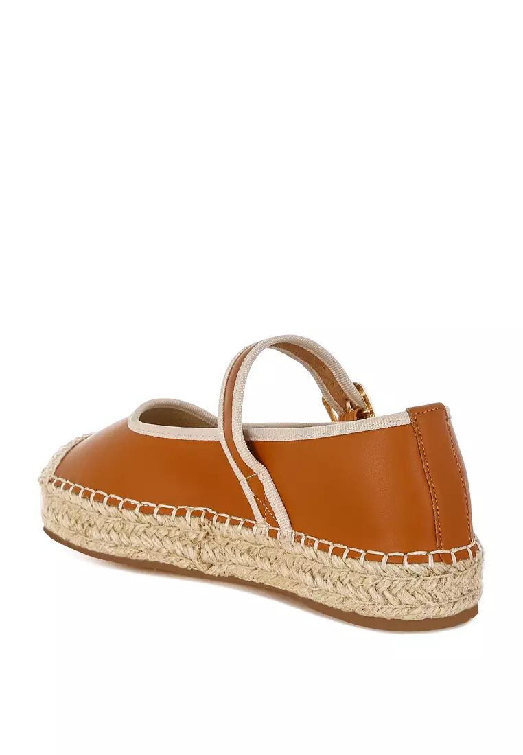 Genuine Leather Mary Jane Espradrilles in Tan