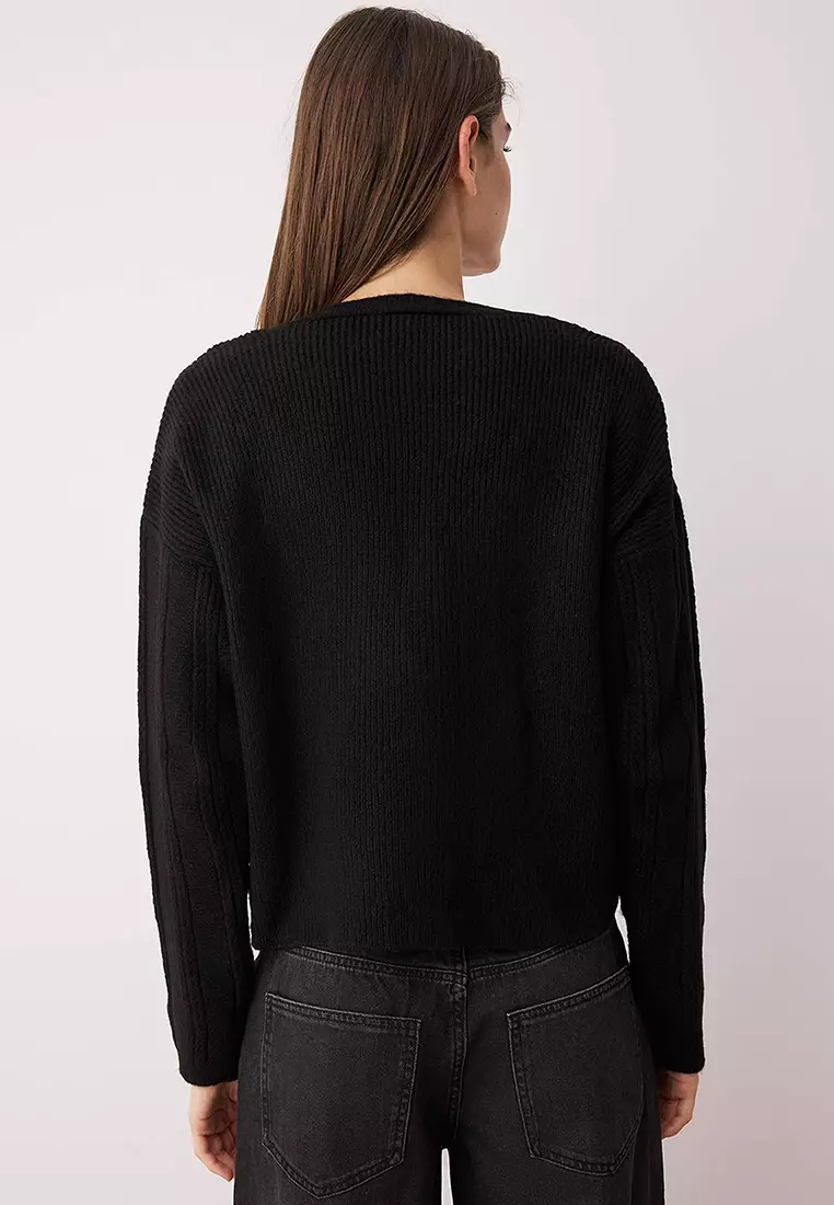 Black Soft Textured Sleeve Embroidery Detail Wide Fit Knitwear Cardigan
