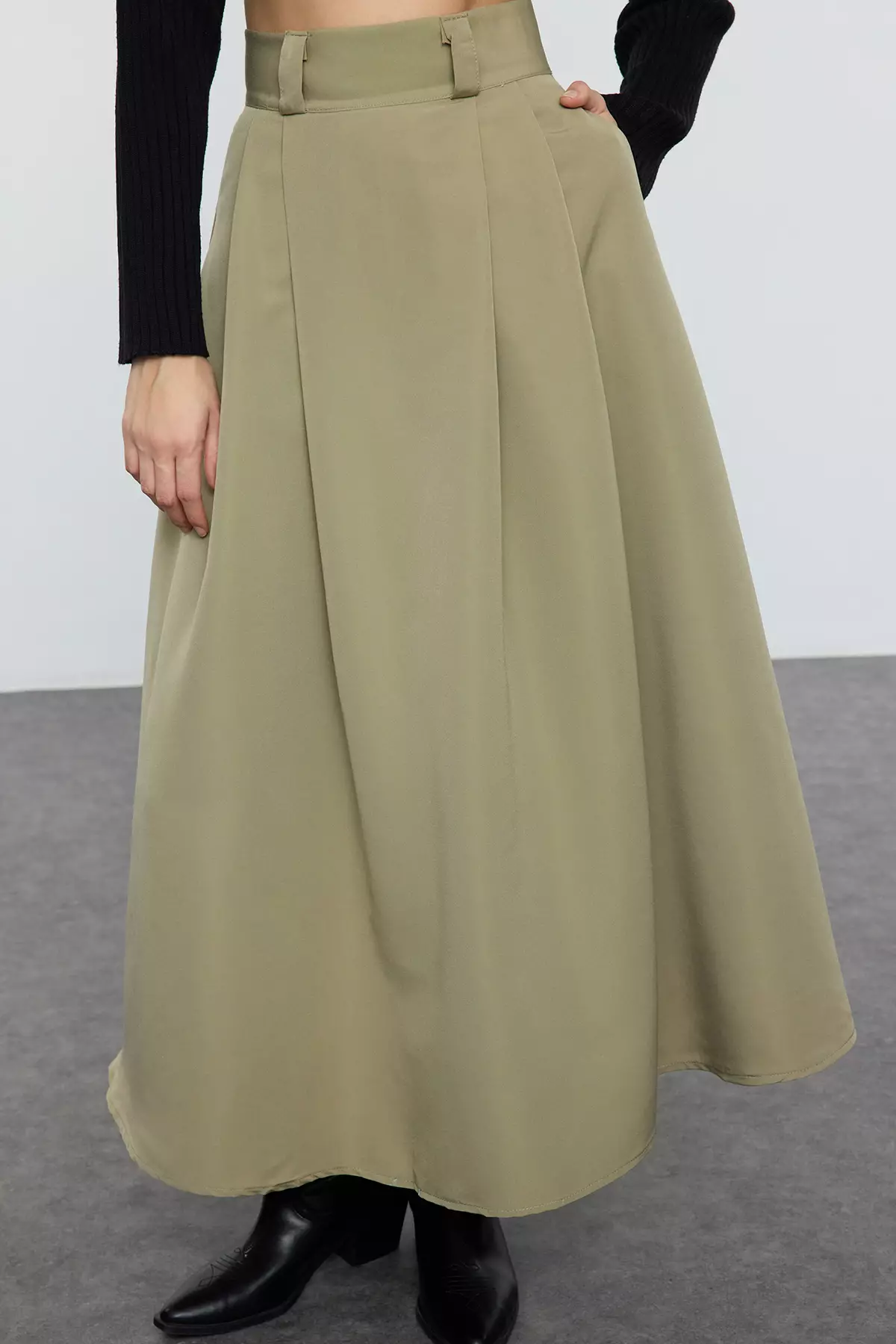 Khaki Pleated Maxi Length Skirt