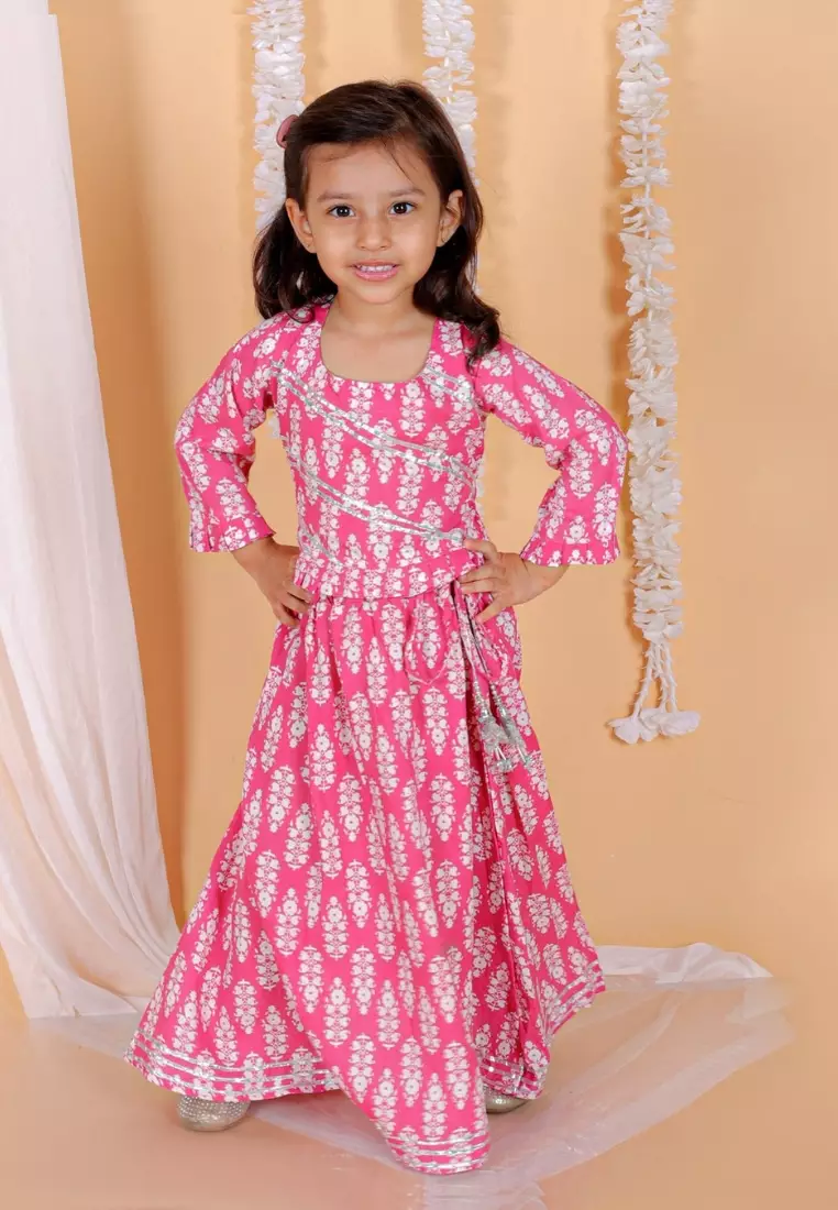 Pure Pink Floral Print Girls Lehenga Set