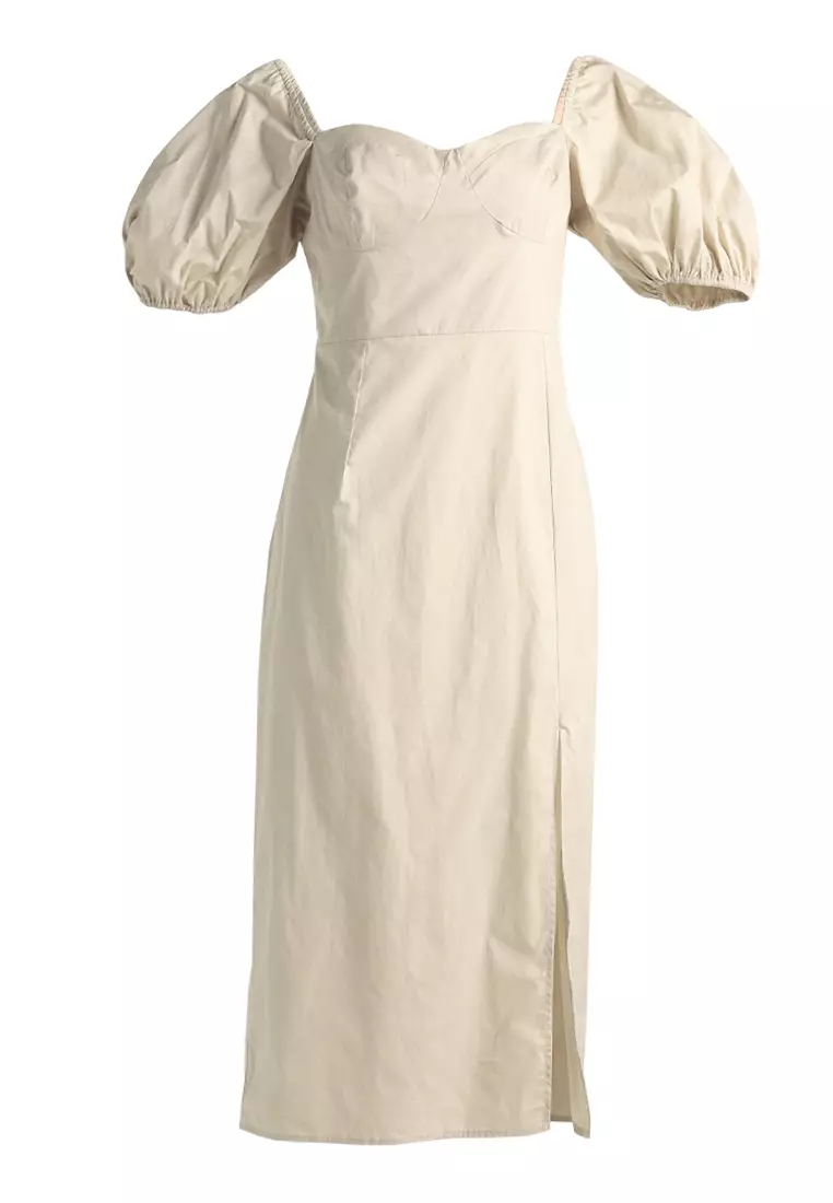 Puff Sleeves Slit Dress In Tan