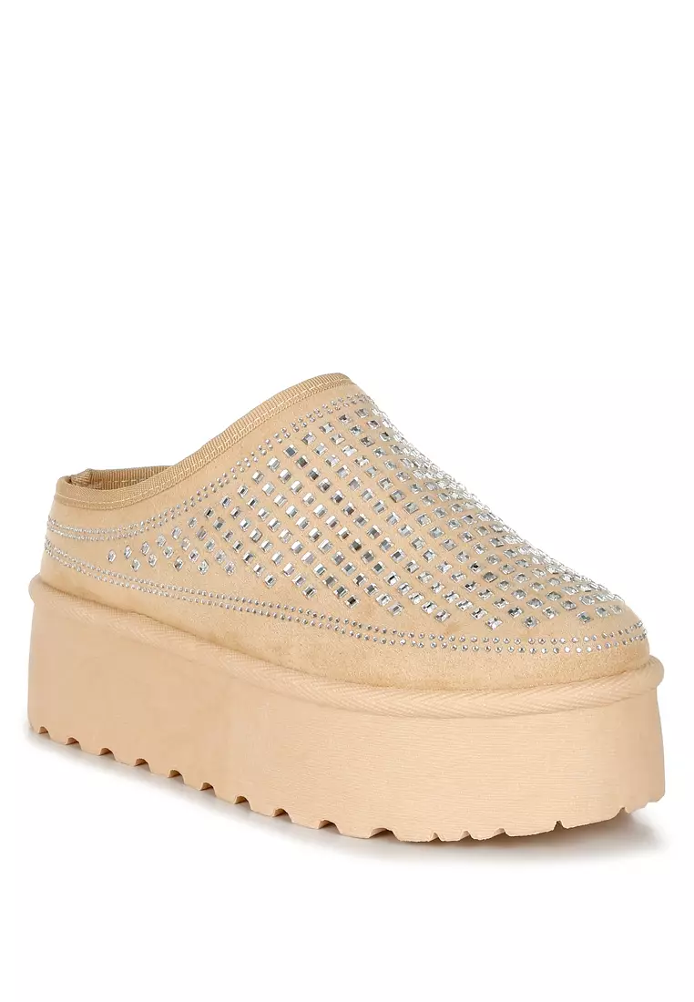 Beige Rhinestones Embellished Platform Classic Slip-On