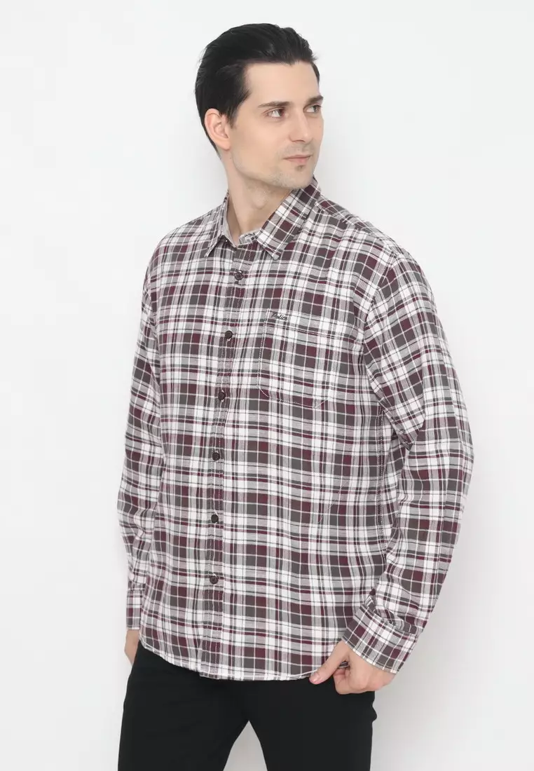 POLICE Kemeja Kotak Cotton Twill Slub Merah Biru Regular Fit Lengan Panjang Pria