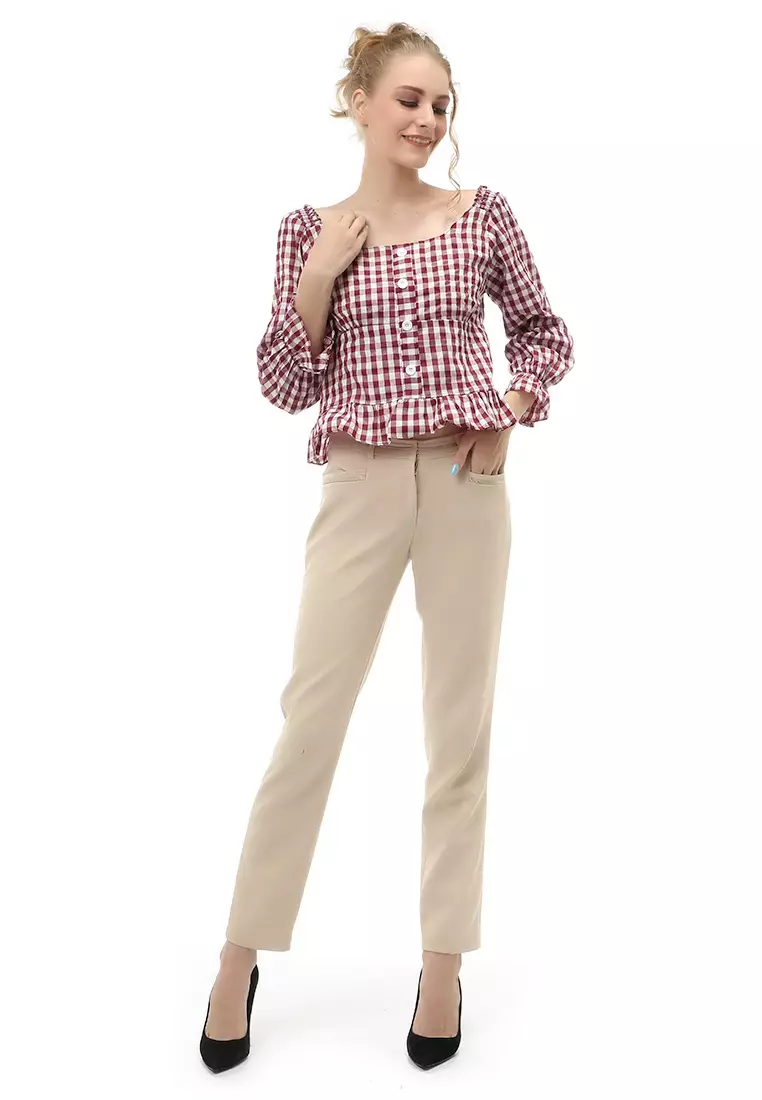 Cheva Top Blouse Atasan Wanita Kasual Motif Kotak Material Cotton ORIGINAL - Maroon
