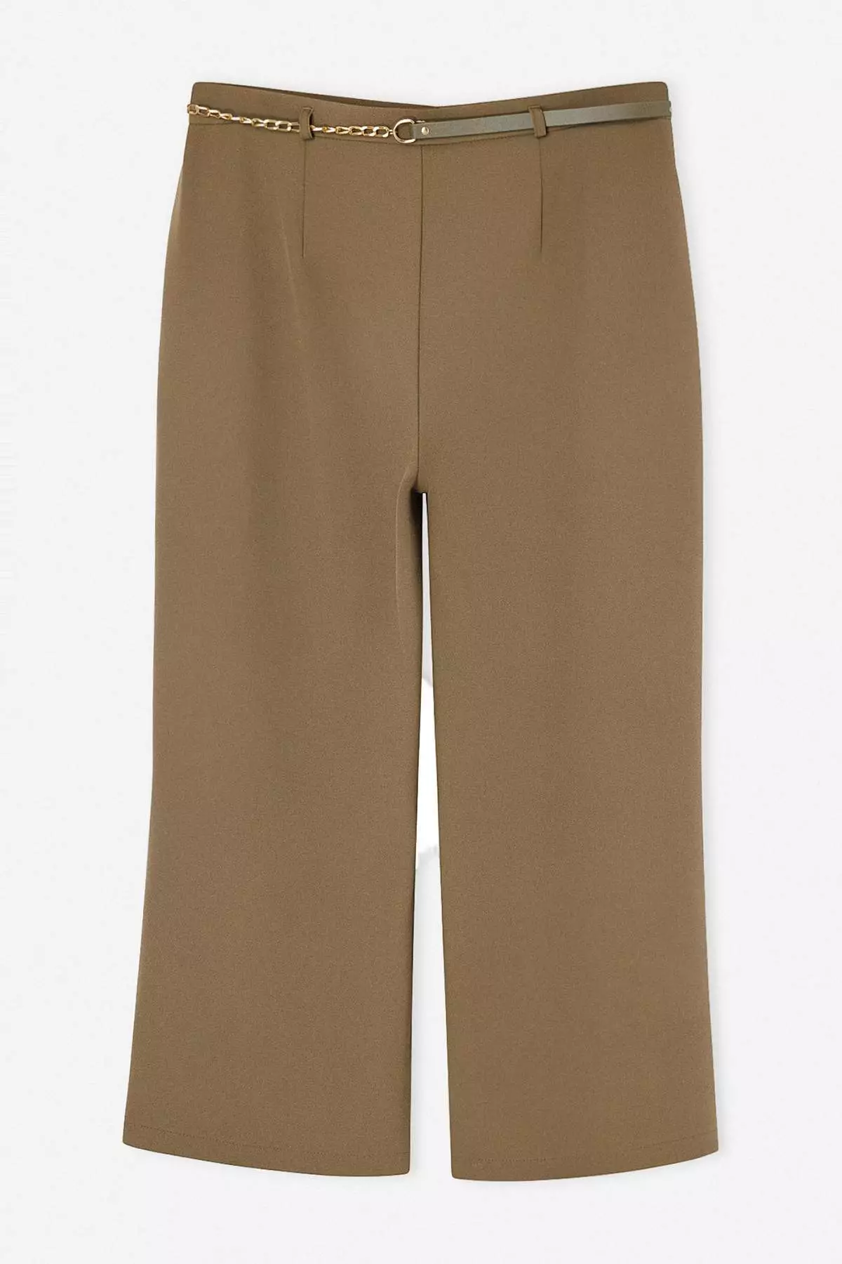 Khaki High Waist Pipe Leg Accessory Detailed Plus Size Woven Trousers Tbbss26Ar00015