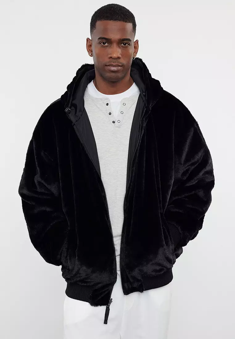 Unisex Black Plush Double-Sided Hooded Winter Coat TMNAW25MO00012