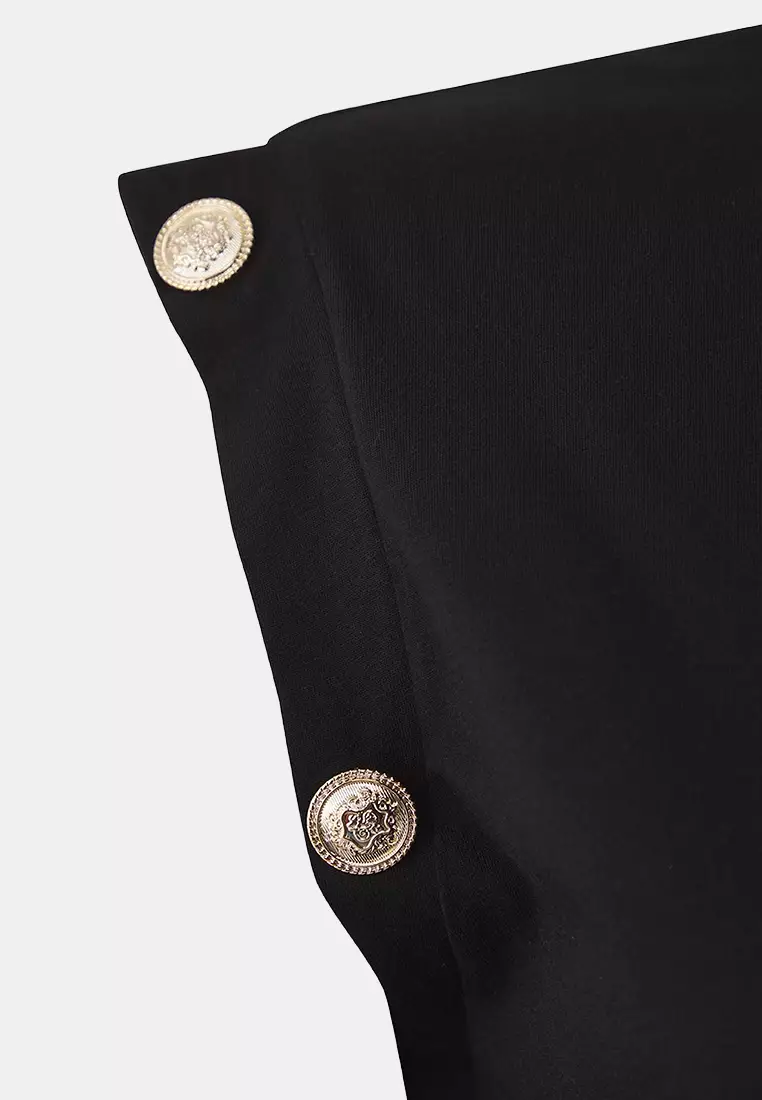 Black Crew Neck Button Detailed 100% Cotton Knitted Plus Size T-Shirt Tbbss25Bf00010