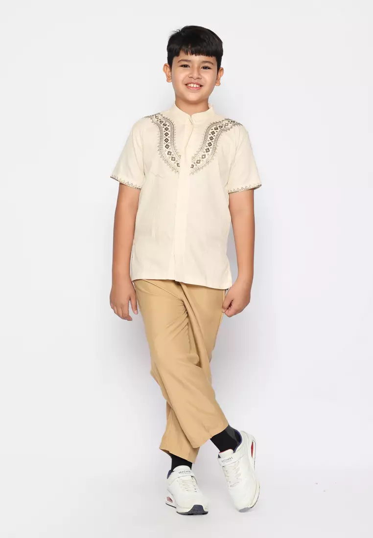 Baju Koko Set Anak Laki Bordir Viral Cream - GENUINE