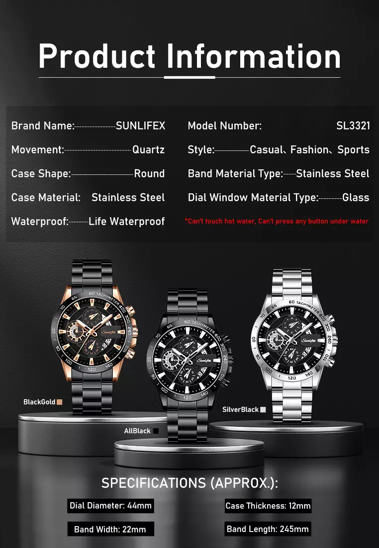 Jam Tangan Pria SL3321 Quartz Kalender Bercahaya Olahraga Tali Stainless Steel Jam Tangan Cowok blackgold