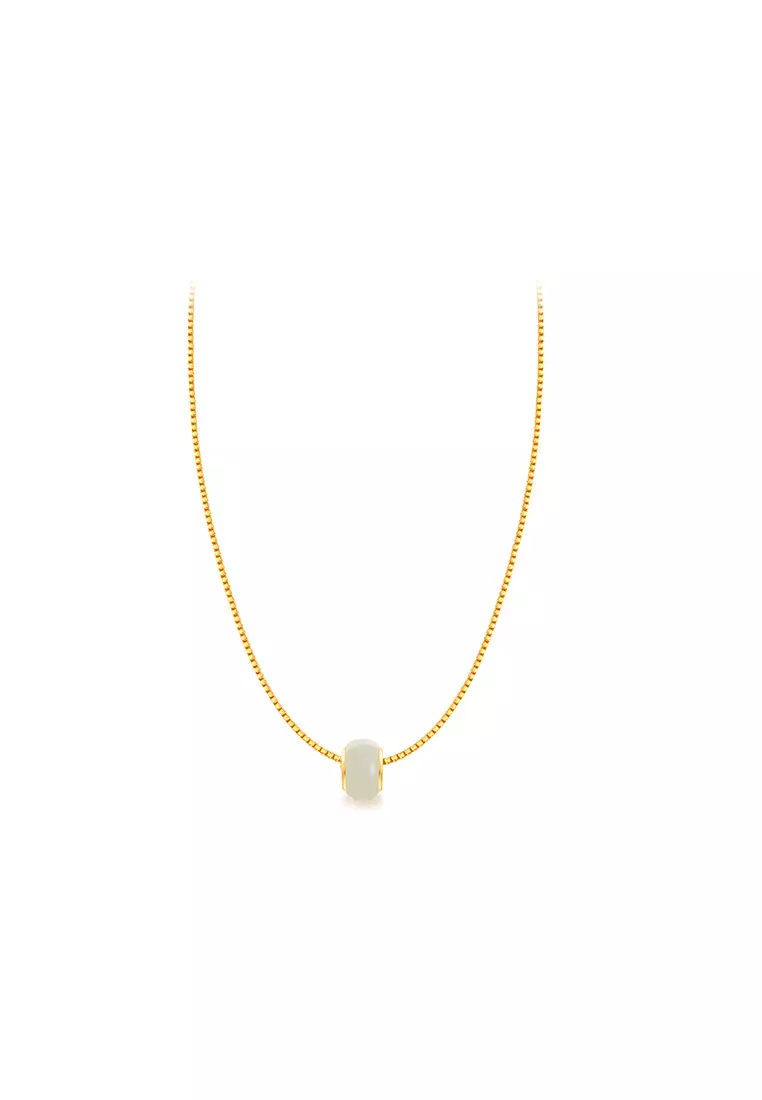 999.9/24K Gold Foil Inlaid White Jade with 375/9K Gold Box Chain Necklace Set J1