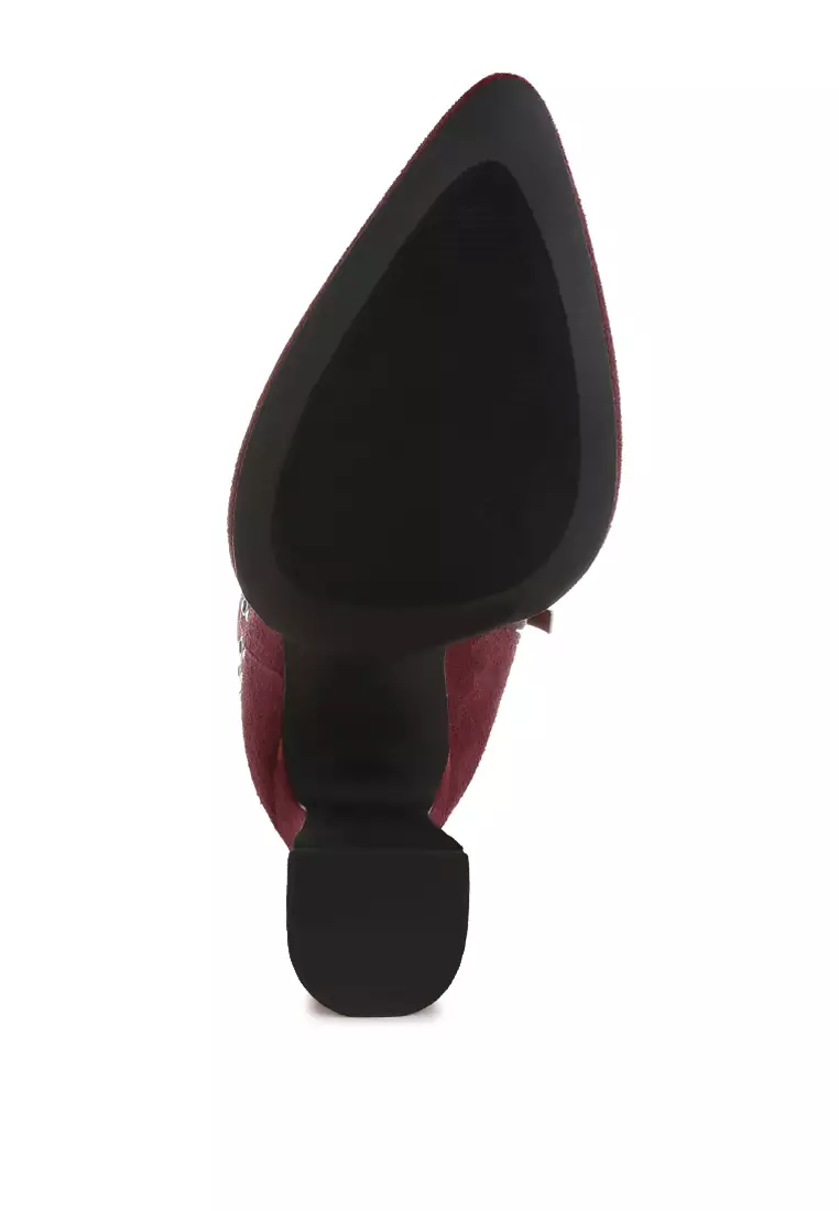 Studs Embellished High Ankle Boots in Burgundy