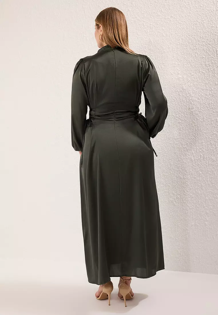 Plus Size Khaki Waistline Brit Satin Evening Dress TCTSS25DB00021