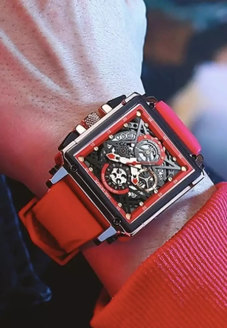 Skeleton Unisex IP Pink Stainless Steel Chronograph Quartz watch 42mm W x 45mm H on Red Rubber Strap