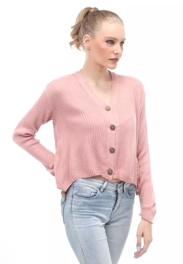 Cardigan Rajut Front Button Opening Fashion Wanita Long Sleeves Relaxed Fit - Dusty Pink