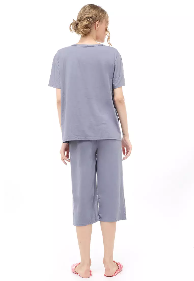 Vance Setelan Piyama Baju Tidur Wanita Celana Pendek 7/8 Material Spandex ORIGINAL - Gray