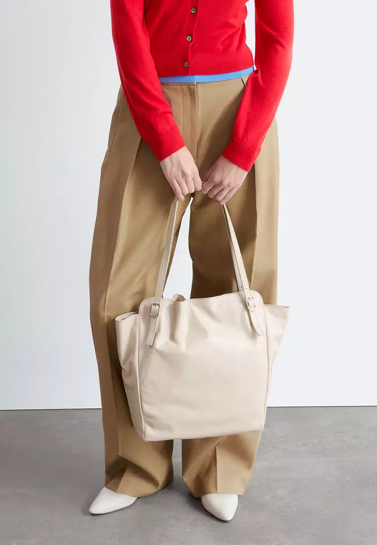 Buckle-Strap Leather Tote Bag