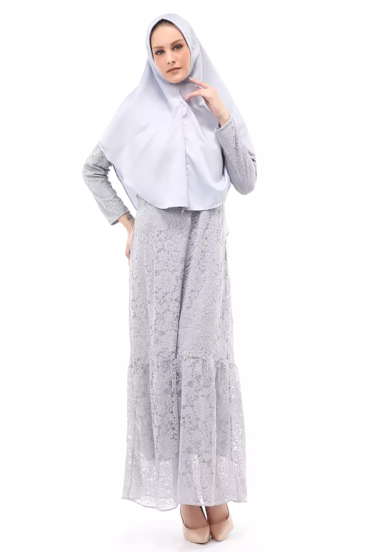 Aisyah Gamis Muslimah Wanita Motif Kebaya Long Sleeve Relaxed Fit - Silver