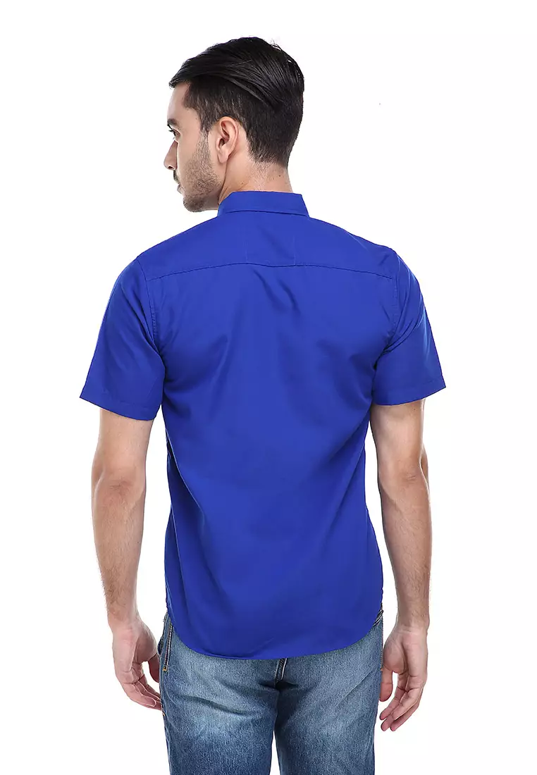 Dwan Casual Shirt Kemeja Polos Pria Lengan Pendek Kasual Formal Material Cotton ORIGINAL - Blue