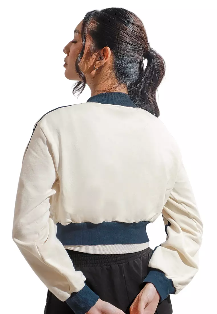 Brushed Terry Cropped Zip Up Track Jacket With Stripe Detail