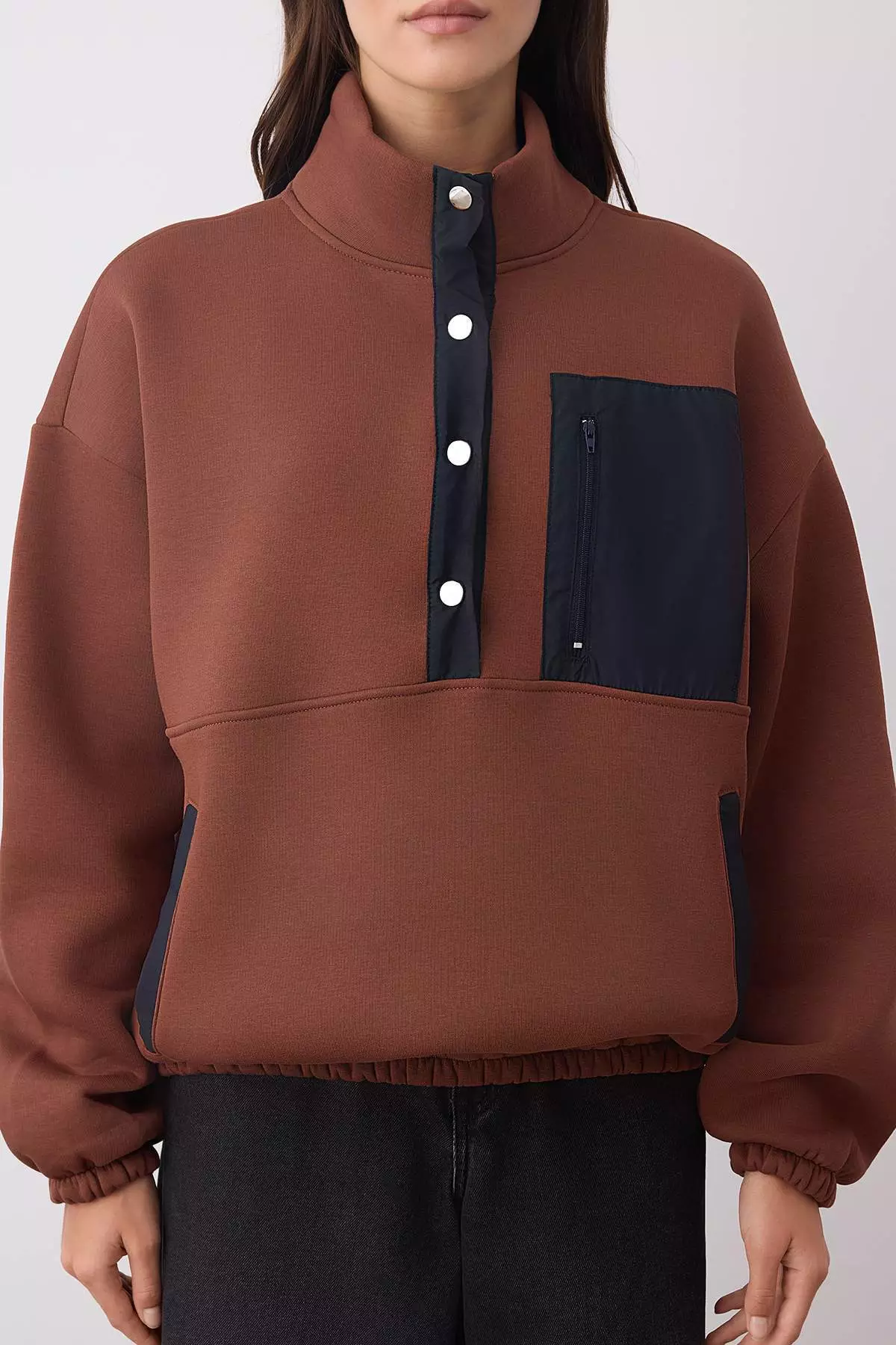 Brown Woven Garni Detailed Pocket Thick Polar Fleece Knitted Sweatshirt