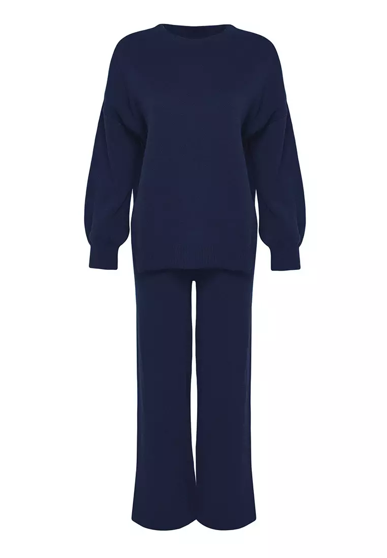 Navy Blue Wide Fit Balloon Sleeve Knitwear Bottom Top Suit