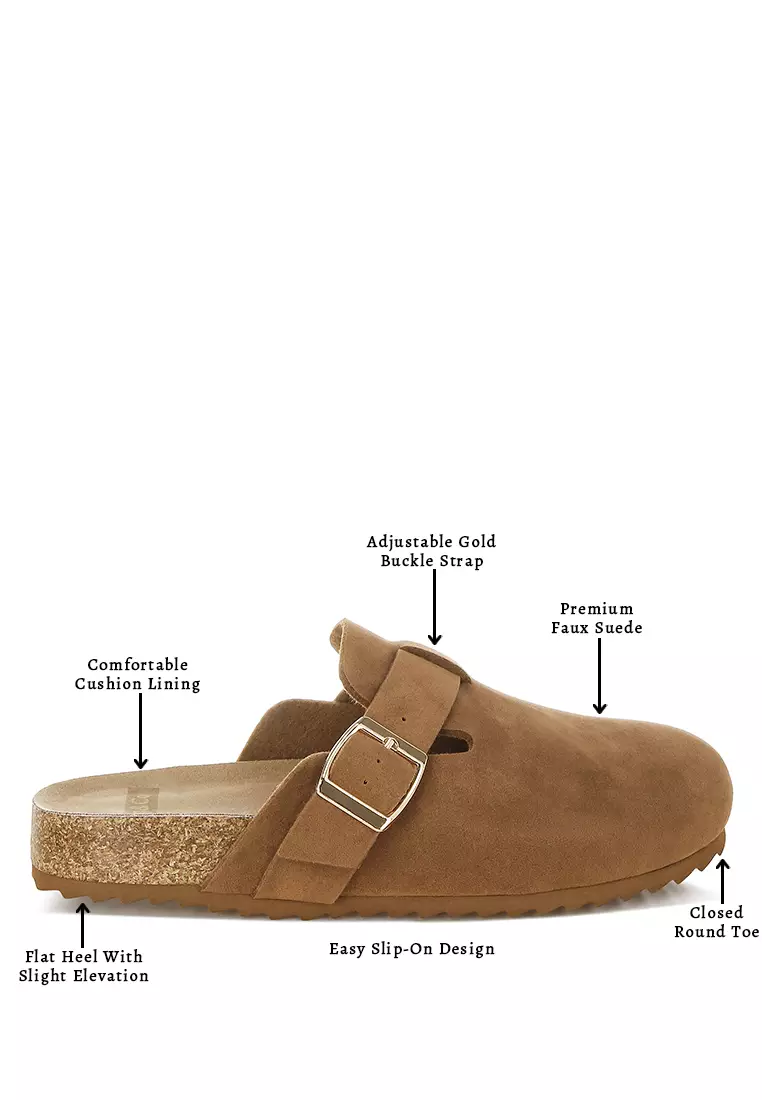 Sandal Mules Slip-On Aksen Gesper Warna Cokelat