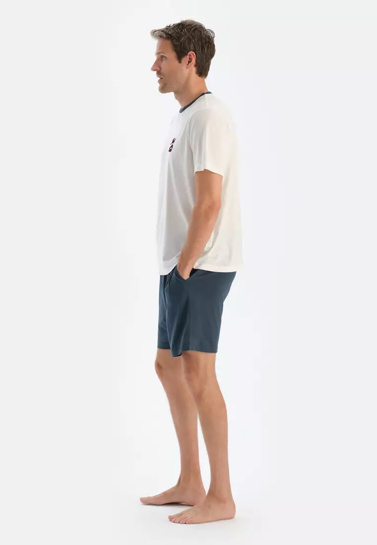 Ecru T-Shirt & Shorts, Slogan Print, Crew Neck, Regular Fit, Short Sleeve Sleepwear for Men