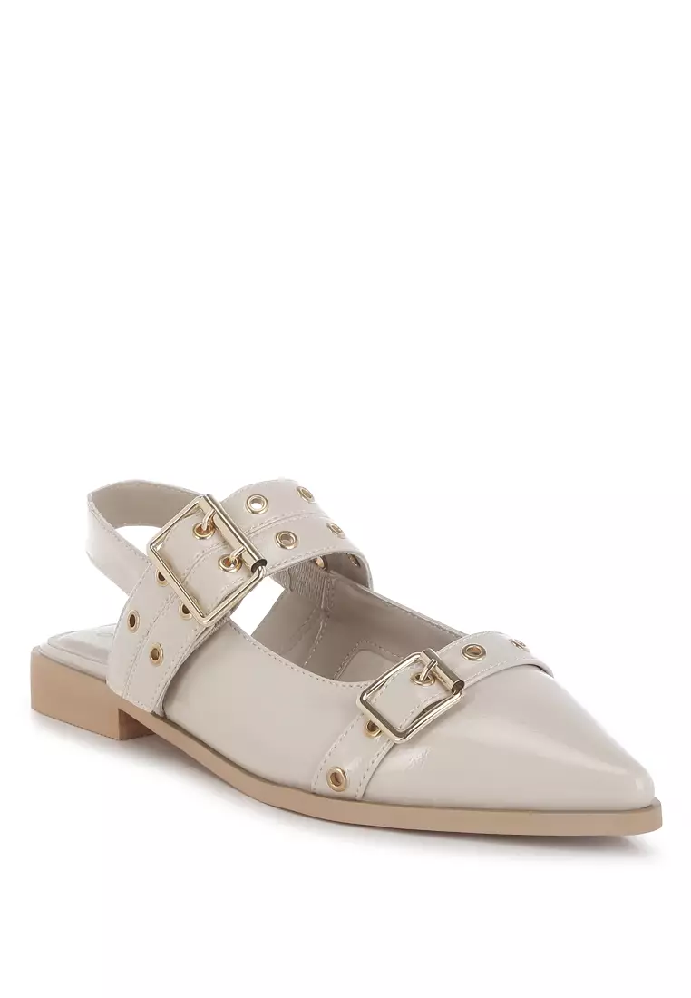Eyelets & Buckle Detail Flats In Beige
