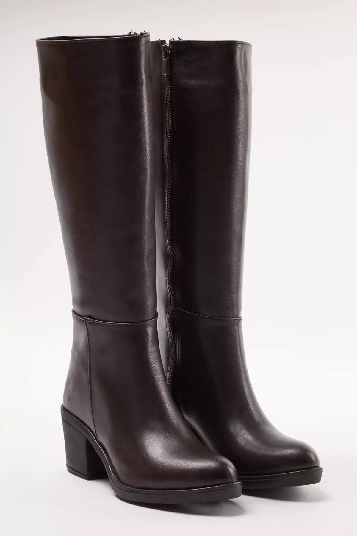 Dark Brown Zip-Up Round Toe Women's Block Heeled Boots Takaw25Cz00004