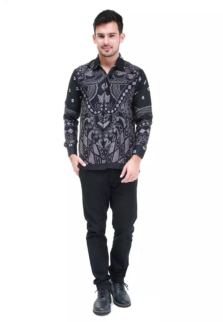 Dwan Kemeja Batik Pria Unique Motives Atasan Formal Longsleeve Shirt Material Cotton ORIGINAL - Black