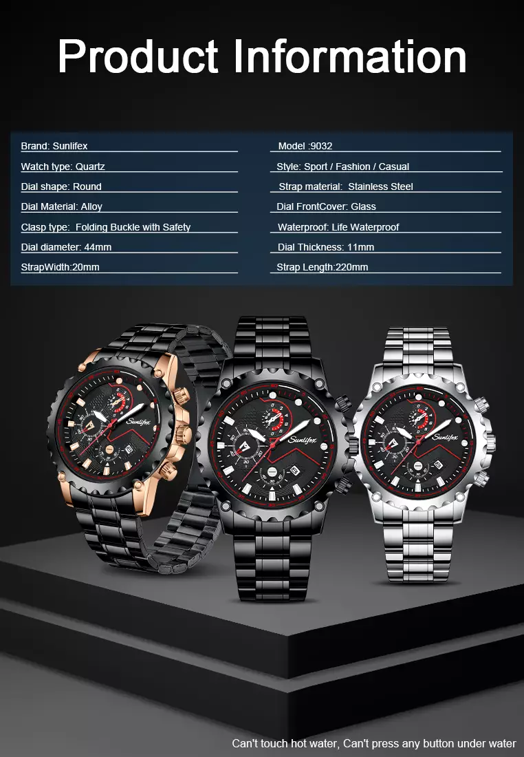 Jam Tangan Pria Original 9032 Anti Air Olahraga Kalender Tali Stainless Steel Jam Tangan Cowok silverblack