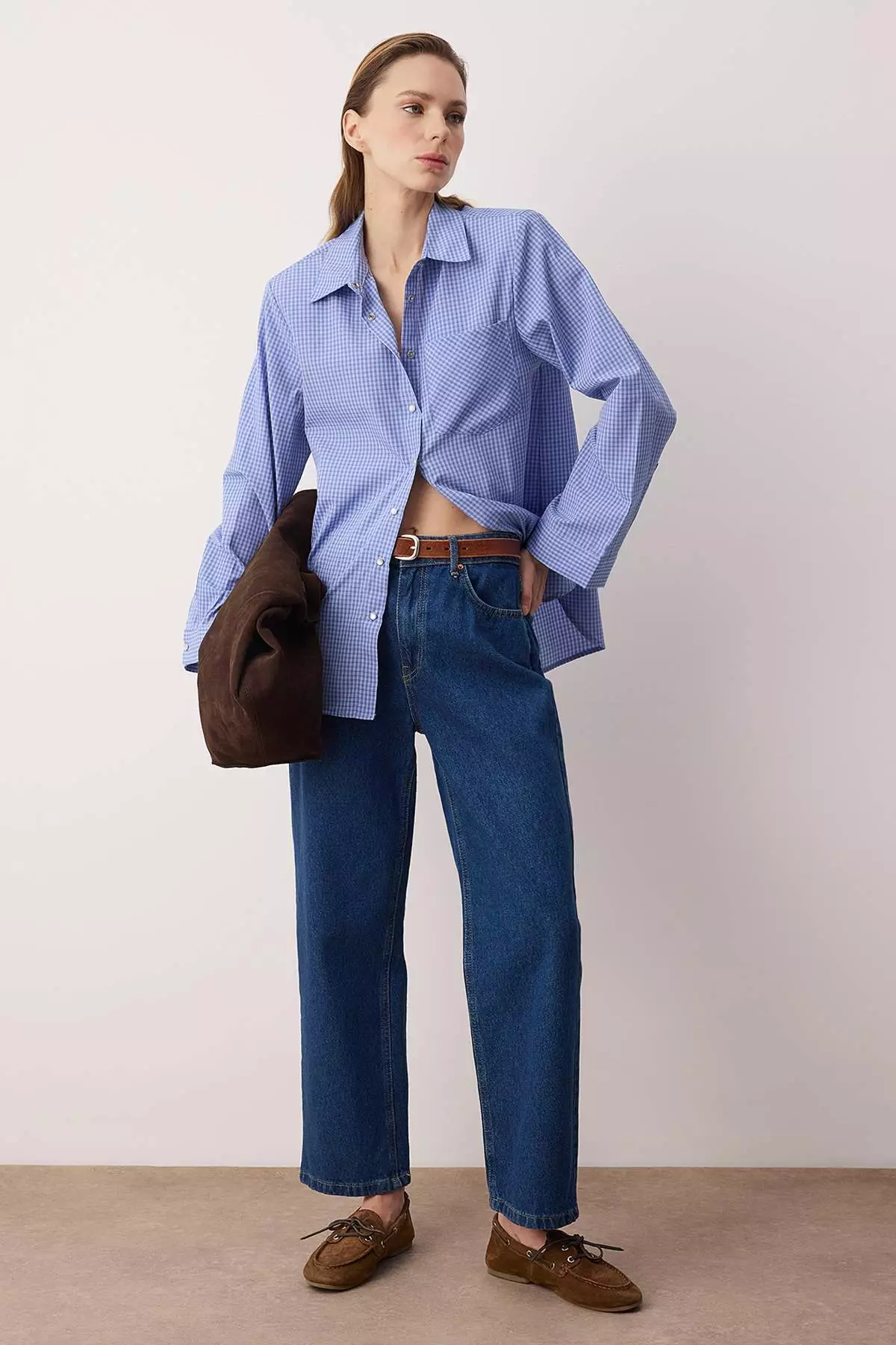 Blue Checkered Shoulder Pad Pack Wide Cuff Oversized Shirt Twoaw26Go127