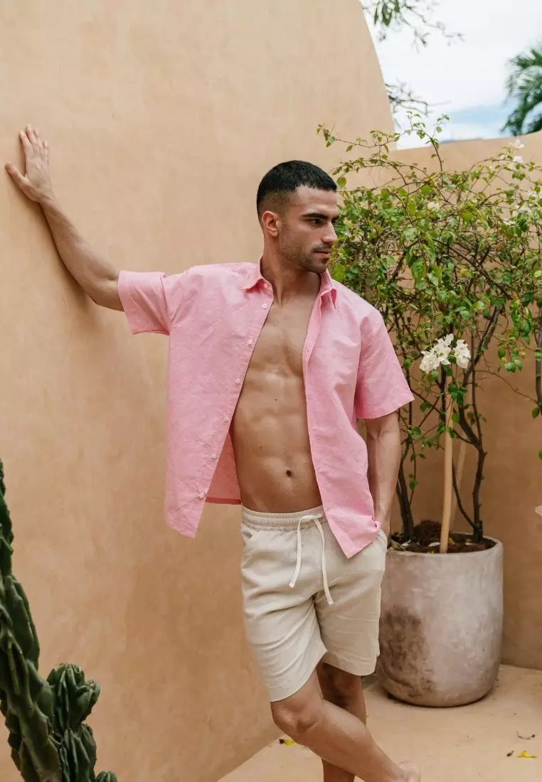 Wakiki Kemeja Linen Lengan Pendek Pria Pink | Linen Short Sleeve Shirt Men Pink