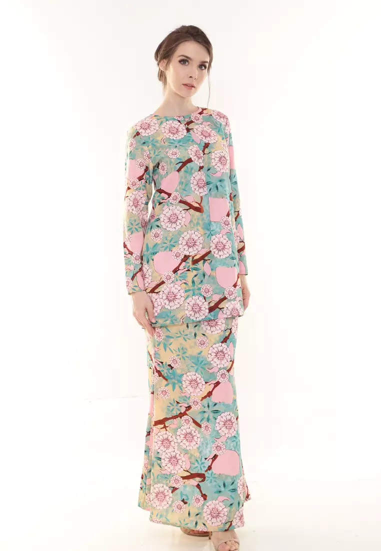 Rina Printed Kurung Mint Pink Flower