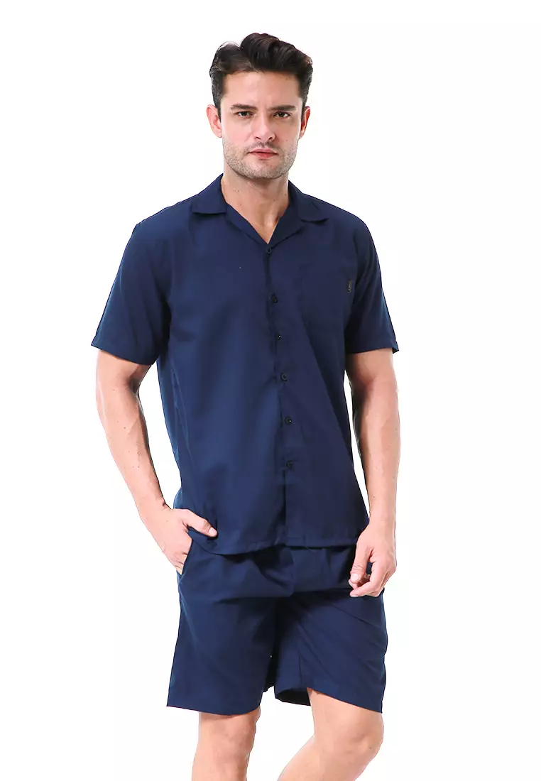 Deon Piyama Pria Plain Motive Kemeja One Set Lengan Pendek Material Cotton ORIGINAL - Navy