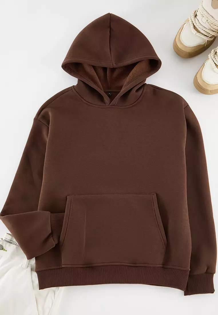 Dark Brown Oversize/Wide Cut Back Embroidered Detailed Hooded Sweatshirt TMNAW25SW00142