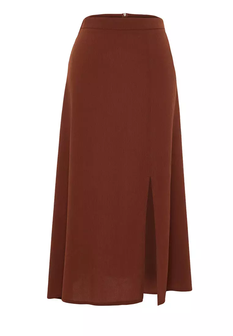 Textured Fabric Midi Skirt with Slit Detail