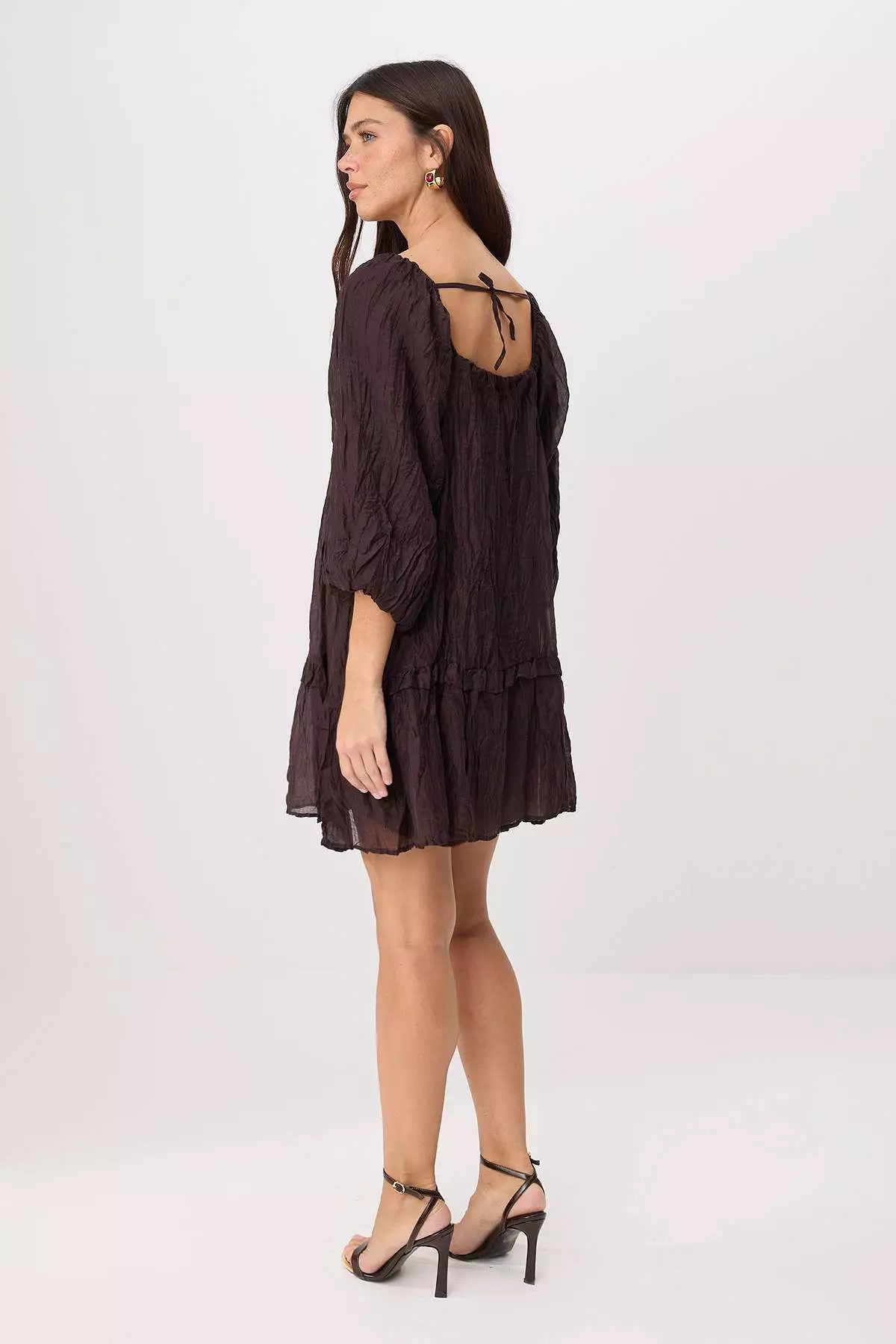Brown A-Line Balloon Sleeve Wide Cut Woven Dress Twoss26El59